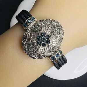 Cookie Lee Women's Bracelet Black Cord Silver Tone Crystals Toggle Clasp 1432